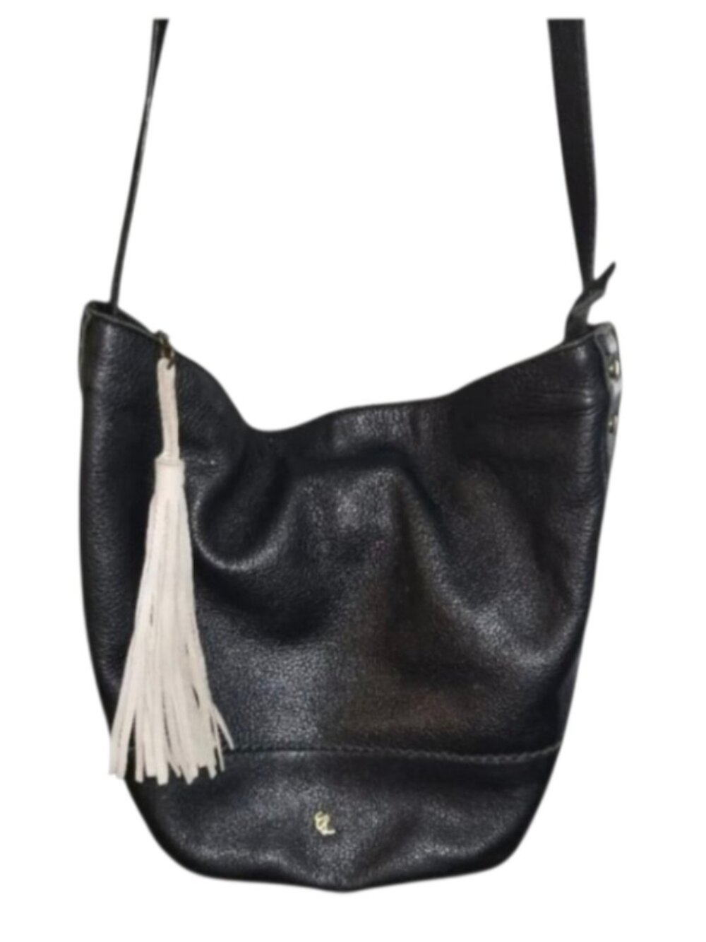 Elliot Lucca Leather Bucket Crossbody Handbag Black Removable White Tassel Pull